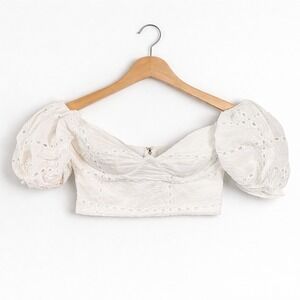 SABO LUXE Eyelet Crop Top Womens M White Puff Sleeve Boho Cottagecore Romantic